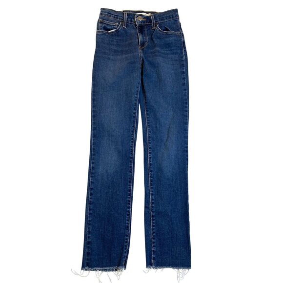 Levis Womens Jeans Size 25 25x28 724 High Rise Straight Raw Hem Stretch Denim Bl - Picture 1 of 15